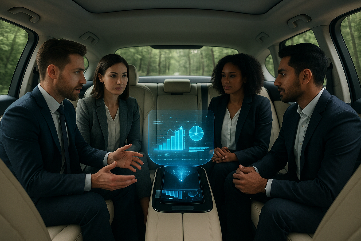 People meeting in an autonomous car with a hologram